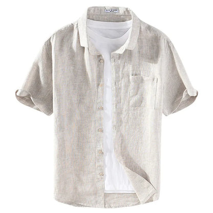 Men's linen square collar shirt with short sleeves in raw jute colour, cardigan style