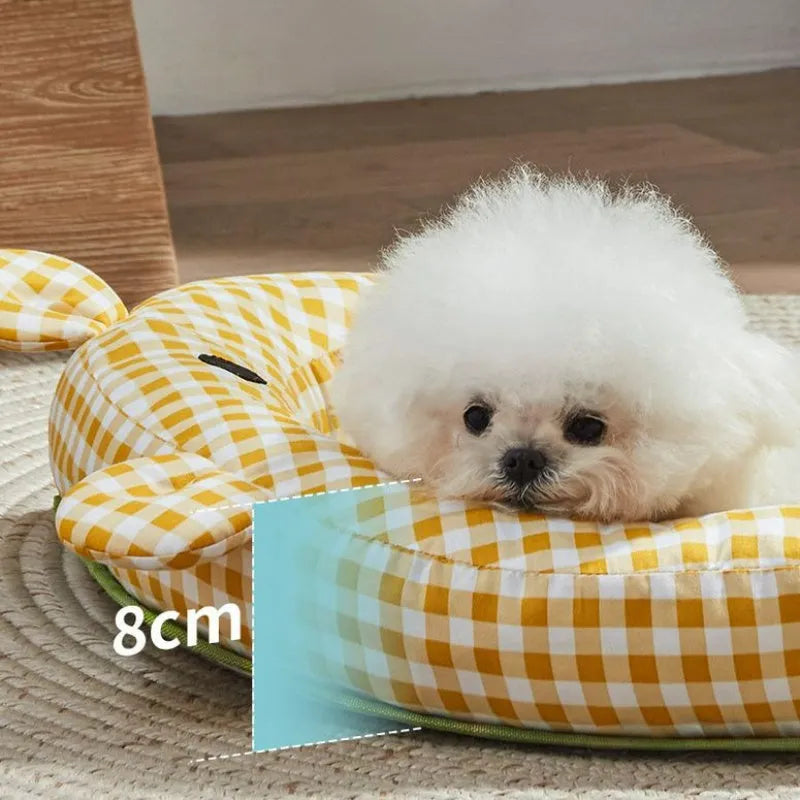 Green and yellow four seasons universal pet mat with cooling pad in four sizes for small to extra large dogs and cats.