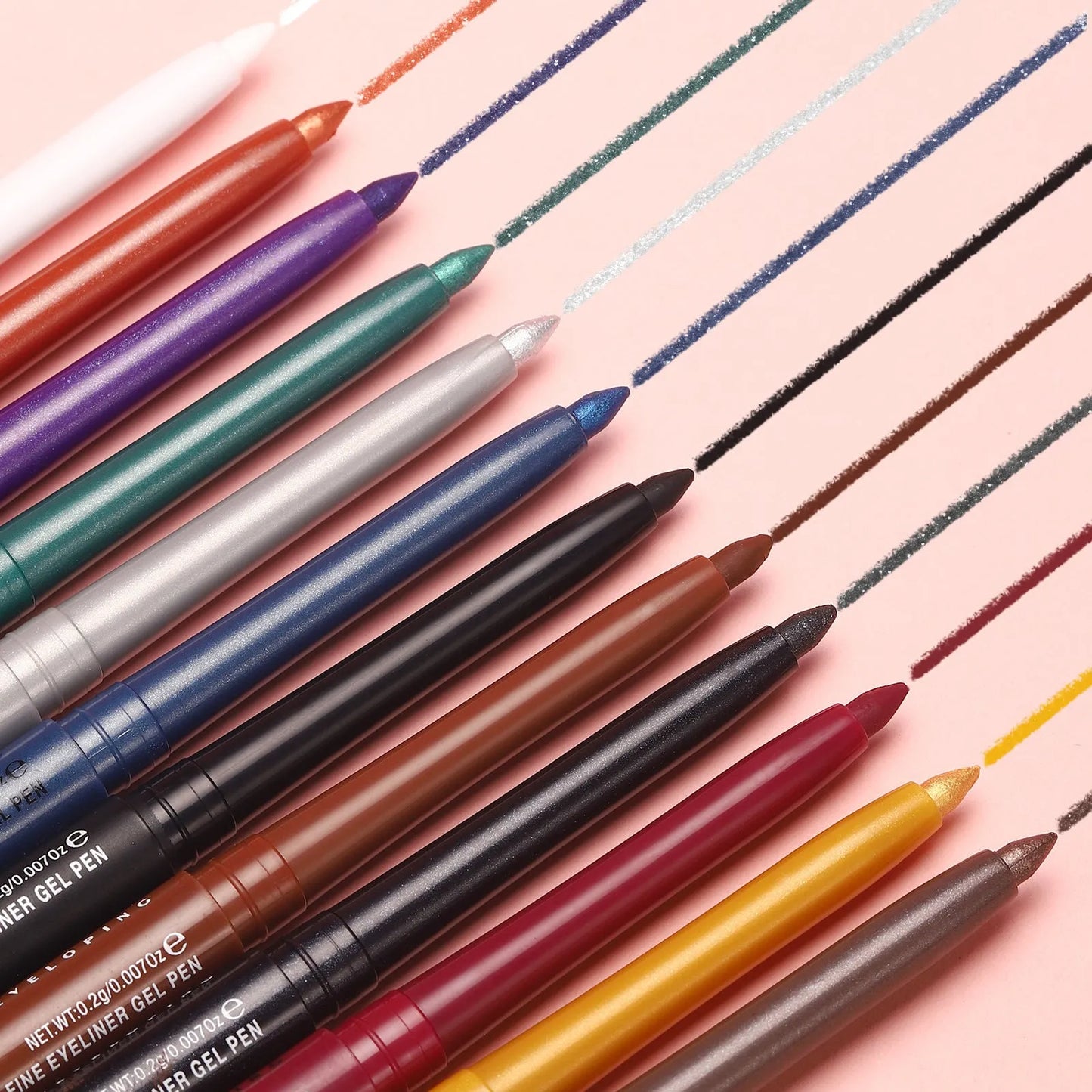 12 colourful gel glitter eyeliner pencils with matte and glitter finishes in waterproof formula