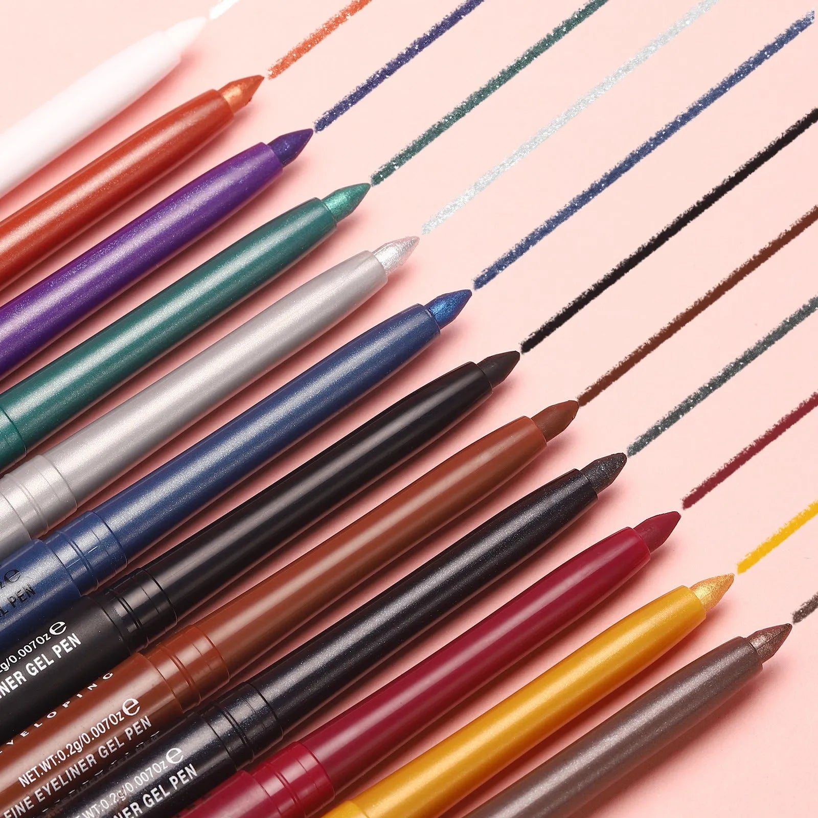 12 colourful gel glitter eyeliner pencils with matte and glitter finishes in waterproof formula