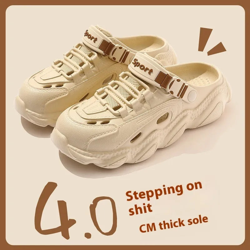 Men's khaki outdoor slippers with hollow-out design and textured EVA sole on a wooden deck
