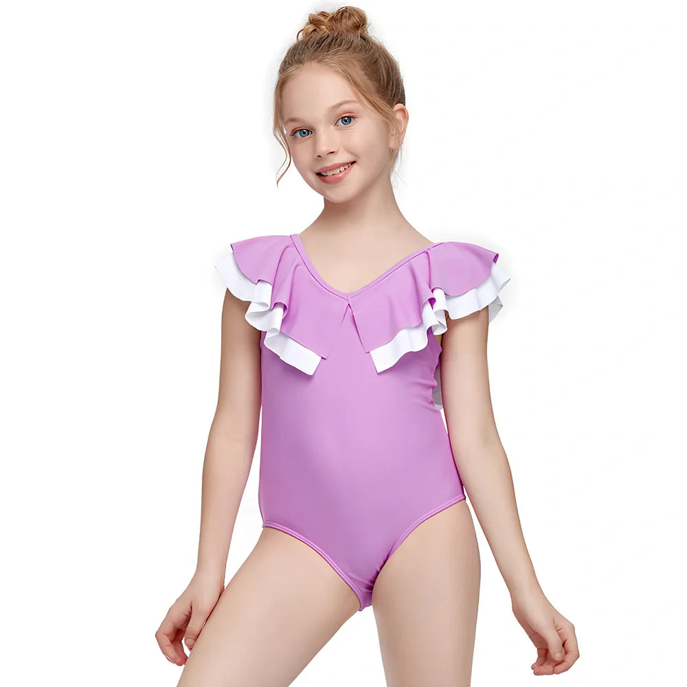 Girls' one-piece swimwear with lattice floral patterns showing 40% stretch elasticity