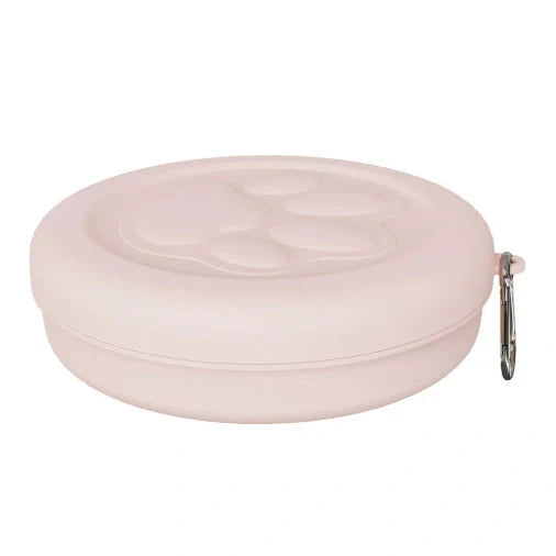 Collapsible dog food bowl showing expanded and folded positions with leak-proof silicone base