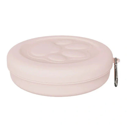 Collapsible dog food bowl showing expanded and folded positions with leak-proof silicone base