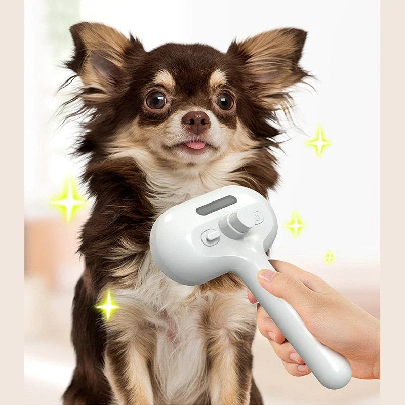 Premium pet grooming brush with integrated mister for effortless detangling and coat conditioning