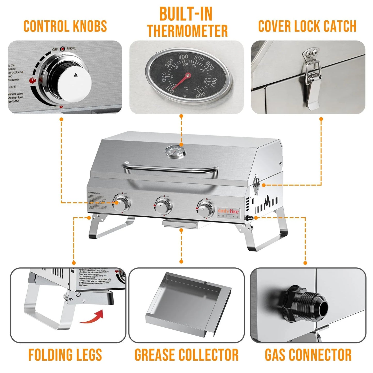 Silver stainless steel desktop gas barbecue grill with 3 burners and foldable legs
