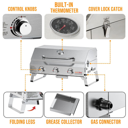 Silver stainless steel desktop gas barbecue grill with 3 burners and foldable legs