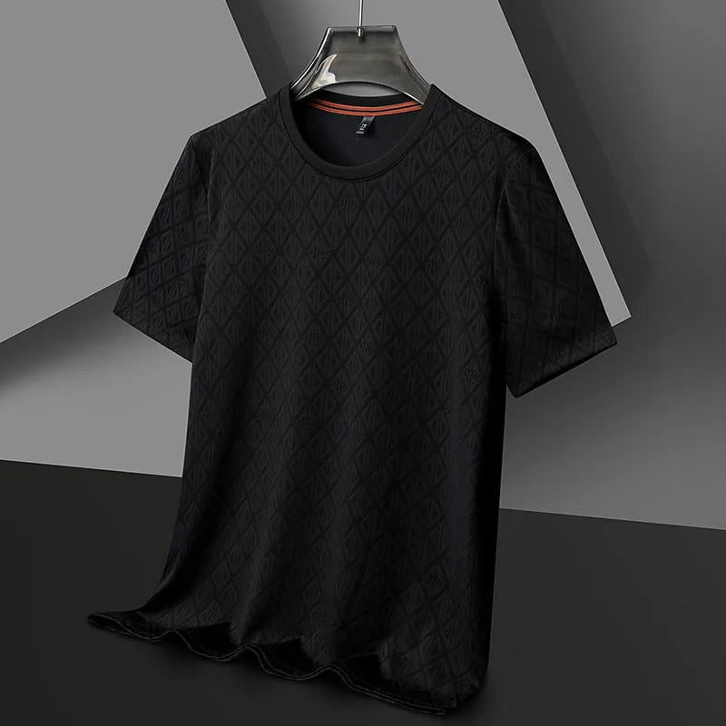 Men's black loose fit short sleeve t-shirt with round neck in ice silk jacquard fabric