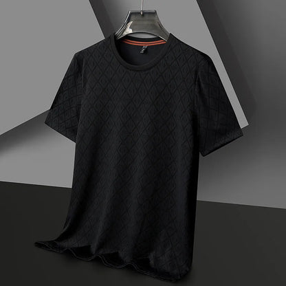 Men's black loose fit short sleeve t-shirt with round neck in ice silk jacquard fabric