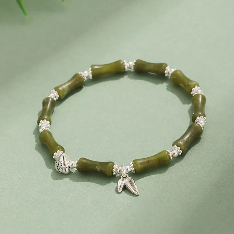 Green Aventurine bamboo pattern bracelet with strawberry quartz and jade beads, electroplated women's jewellery