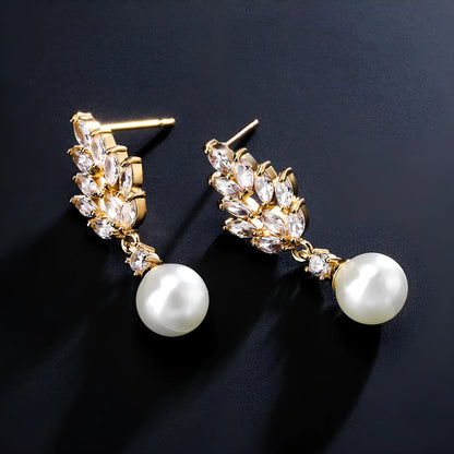 Geometric flower earrings with micro inlaid zircon in white gold, platinum, or rose gold plating on copper