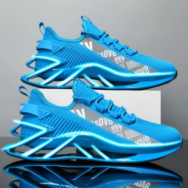 Men's casual shoes with breathable woven mesh upper in black, blue, red, or white colours showing embroidery detailing