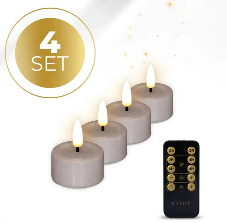 Taupe-coloured S4 LED tealight candles with flameless design, measuring 4.1cm in diameter and 5cm in height