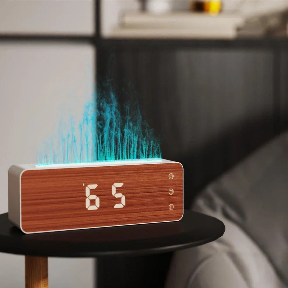 White flame-shaped humidifier with clock display measuring 28cm wide on desktop