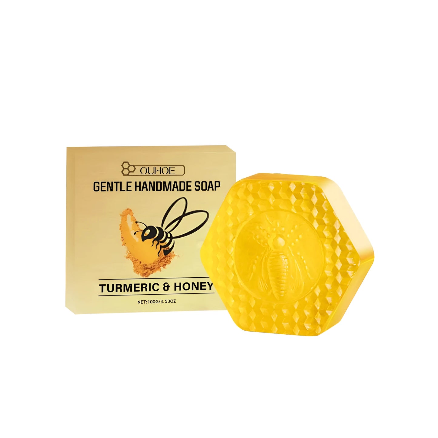 100g turmeric and honey detox soap bar on a bathroom surface