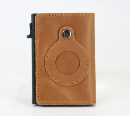 Slim leather wallet with built-in AirTag holder, featuring RFID-blocking technology and convenient card access