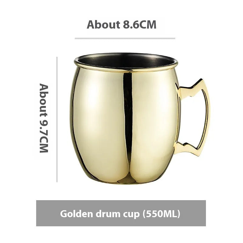 Stainless steel Moscow Mule cup with copper interior in gold, rose gold, silver, or black finish.