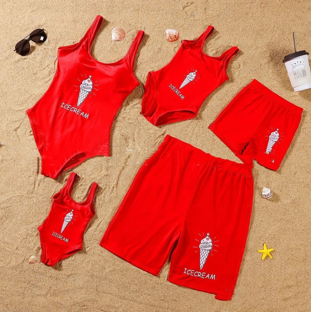 Parent and child matching quick-dry swim sets in green, pink, red colours with swimsuits and trunks