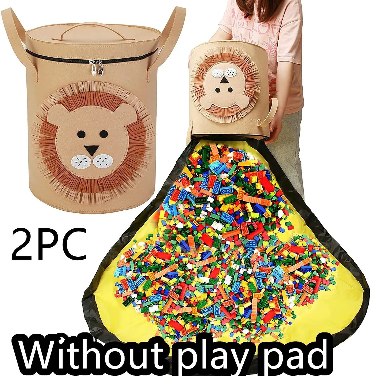 Green felt storage cube with pull rope unfolded into a large square play mat on a wooden floor.