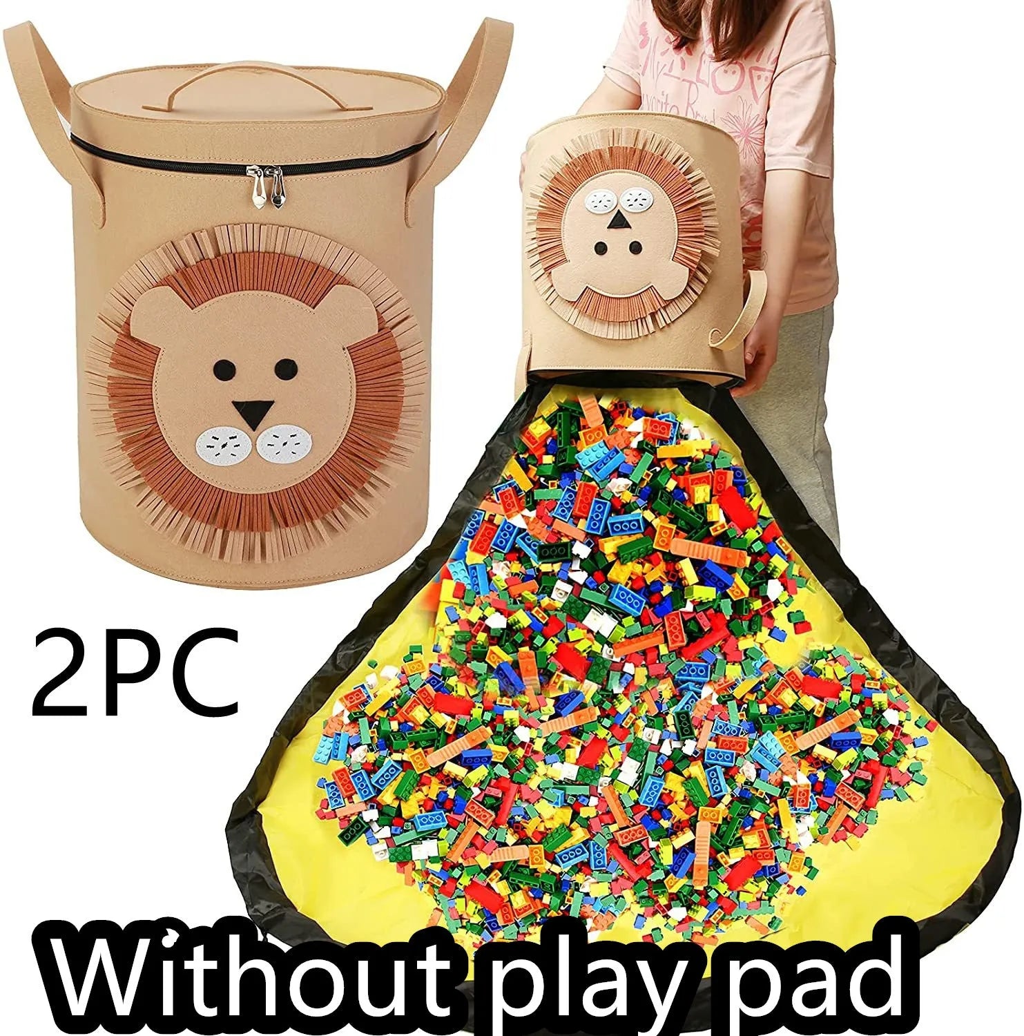 Green felt storage cube with pull rope unfolded into a large square play mat on a wooden floor.