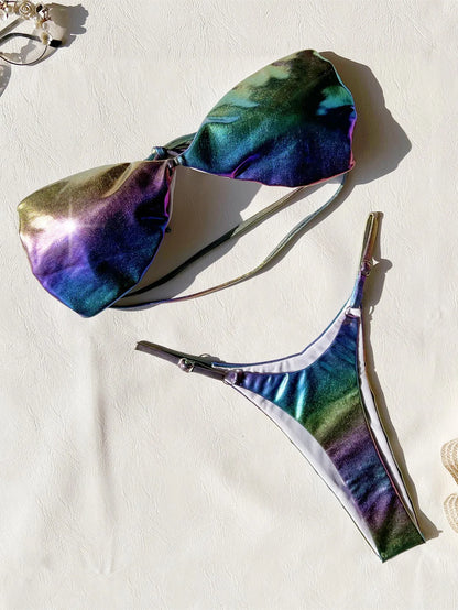 Women's gradient purple bikini swimsuit with polyester fabric for swimming and wading activities
