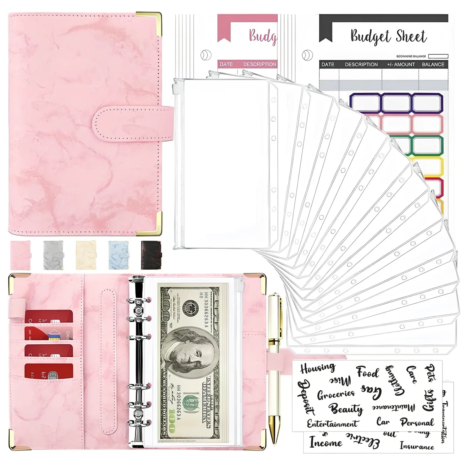 A6 leather PU binder journal open showing colour budget sheets and zip pockets with spiral binding