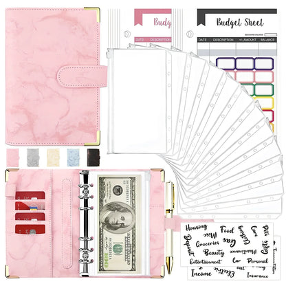 A6 leather PU binder journal open showing colour budget sheets and zip pockets with spiral binding