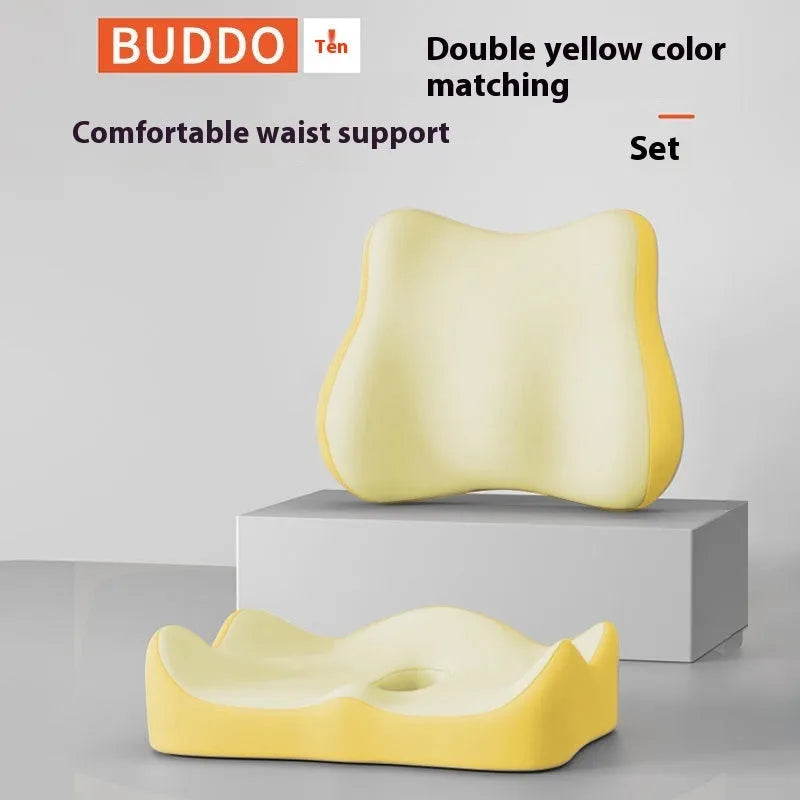 Memory foam seat cushion with contoured shape for lower back support, measuring 40cm x 40cm