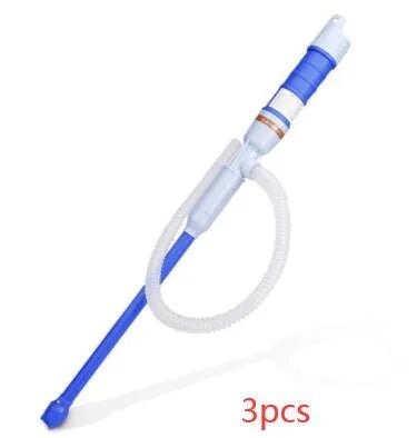 Blue and red manual siphon hand pump for fuel and oil transfer.