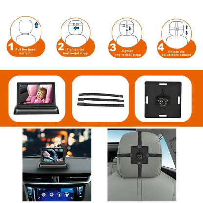 Black folding baby monitor with 4.3-inch screen and rear camera for car installation