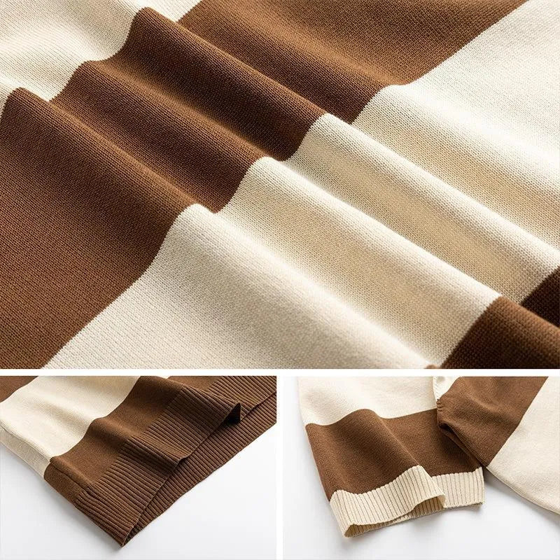 Men's striped short-sleeved business T-shirt in polyester, shown in black, coffee, white, and dark grey.