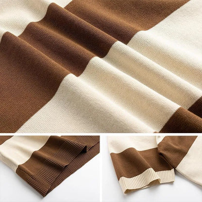 Men's striped short-sleeved business T-shirt in polyester, shown in black, coffee, white, and dark grey.