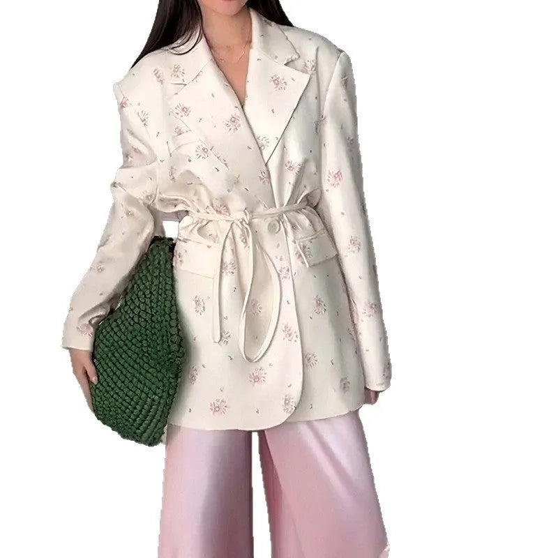 Collar lace-up waist-tight suit jacket in floral print with adjustable waist design and long sleeves