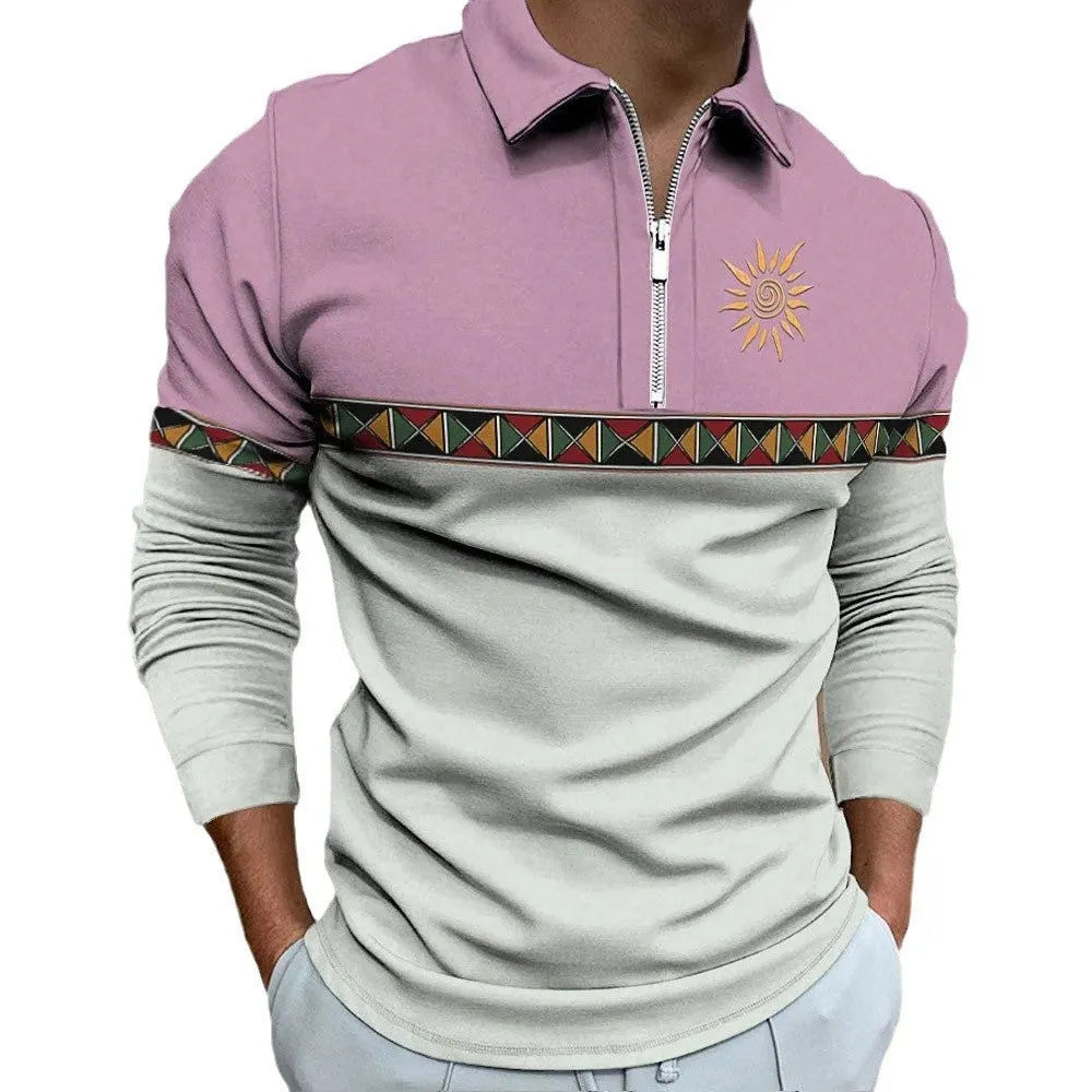 Man wearing a loose-fit long sleeve polo shirt with retro colour printing and a zip detail on the chest.