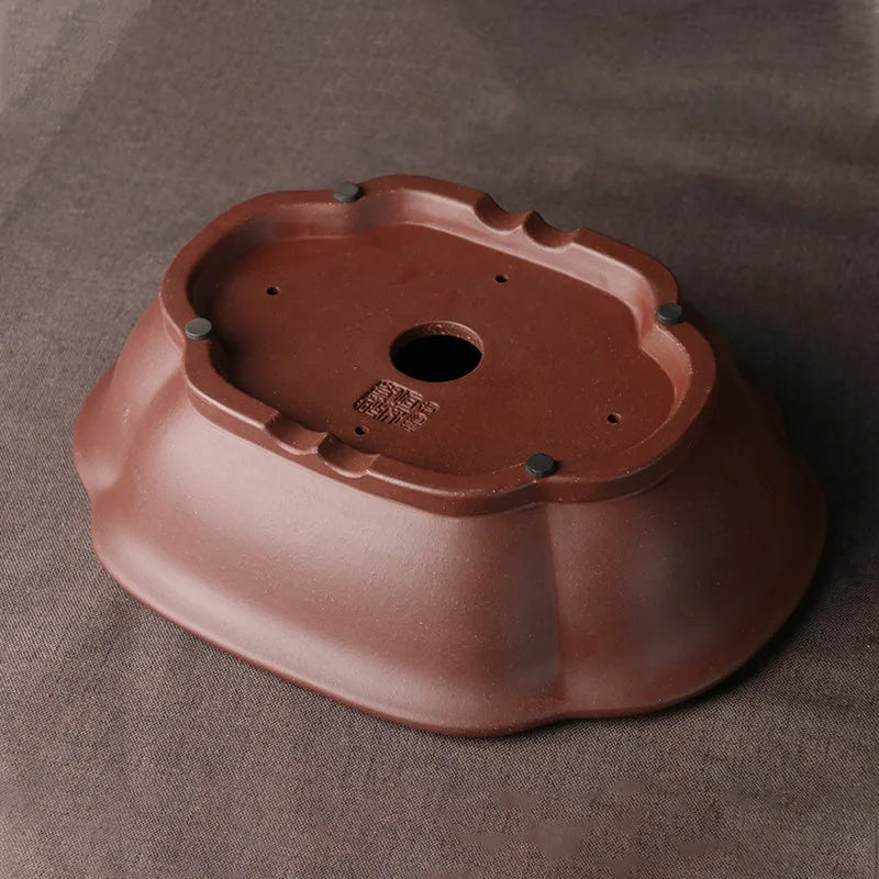 Handmade rectangular purple clay bonsai basin with classical Chinese design, measuring 25cm by 20cm by 7cm