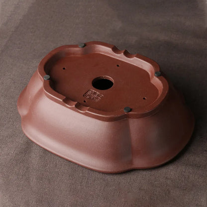 Handmade rectangular purple clay bonsai basin with classical Chinese design, measuring 25cm by 20cm by 7cm