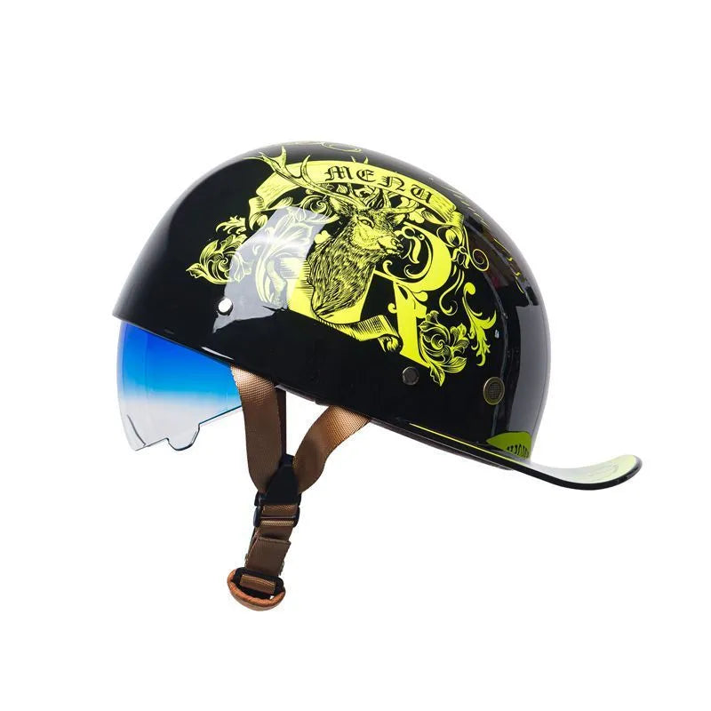 Electric bicycle helmet in bright black gradient blue colour with blue lens, retro half helmet design