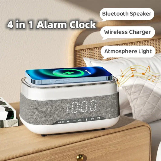 Intelligent Multifunctional Alarm Clock with Bluetooth Speaker, Wireless Charger, and Atmosphere Light