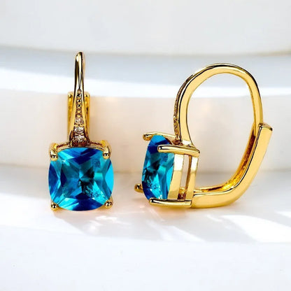 Square zircon inlaid ear hook earrings with geometric design and electroplated finish in golden tone