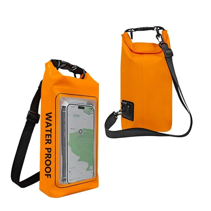 Army green PVC waterproof crossbody bag for mobile phones on a beach.