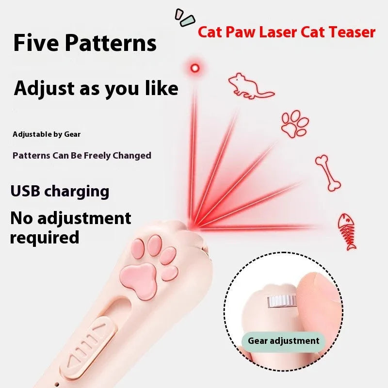 Cat teaser pen light toy with 15cm plastic wand and USB charging cable in cream white colour