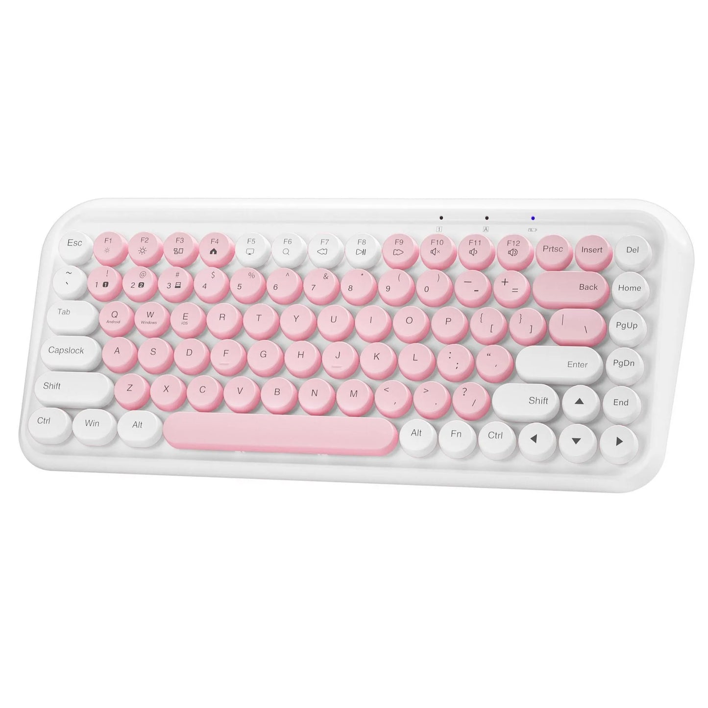 Pink Bluetooth wireless keyboard with 84-key layout showing crater architecture buttons