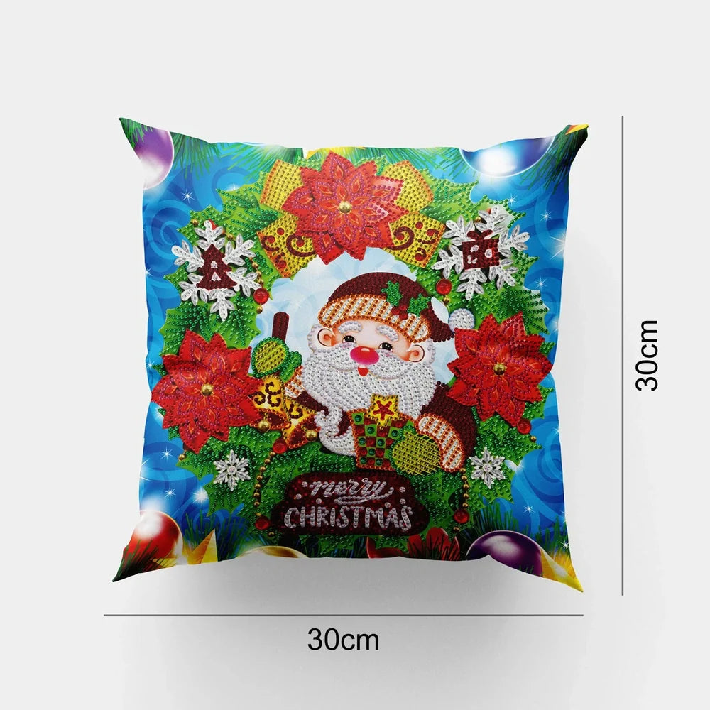 Handmade mandala pattern cushion cover with diamond painting accessories on wooden table