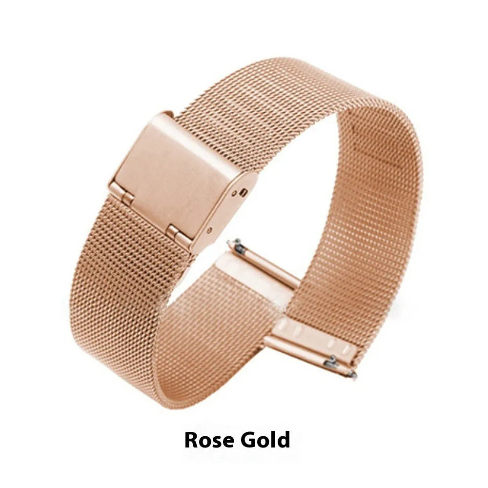 Milani silk woven stainless steel watch band showing metallic finish and woven texture, available in multiple width sizes