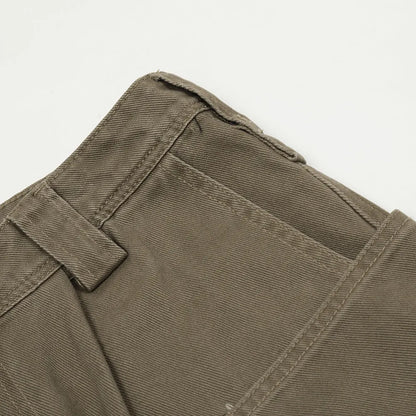 Men's cotton denim work trousers with mid waist, shown in black, brown and coffee, sizes XS to XXL for youth leisure wear.