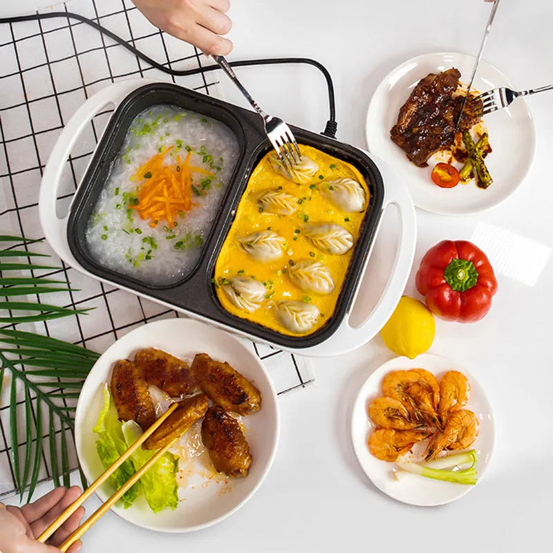 Electric hot pot and frying oven dual-use appliance with 1300W power output, mechanical operation mode, capacity for 2-3 people, measuring 390×220×120mm, available in white or green colour options