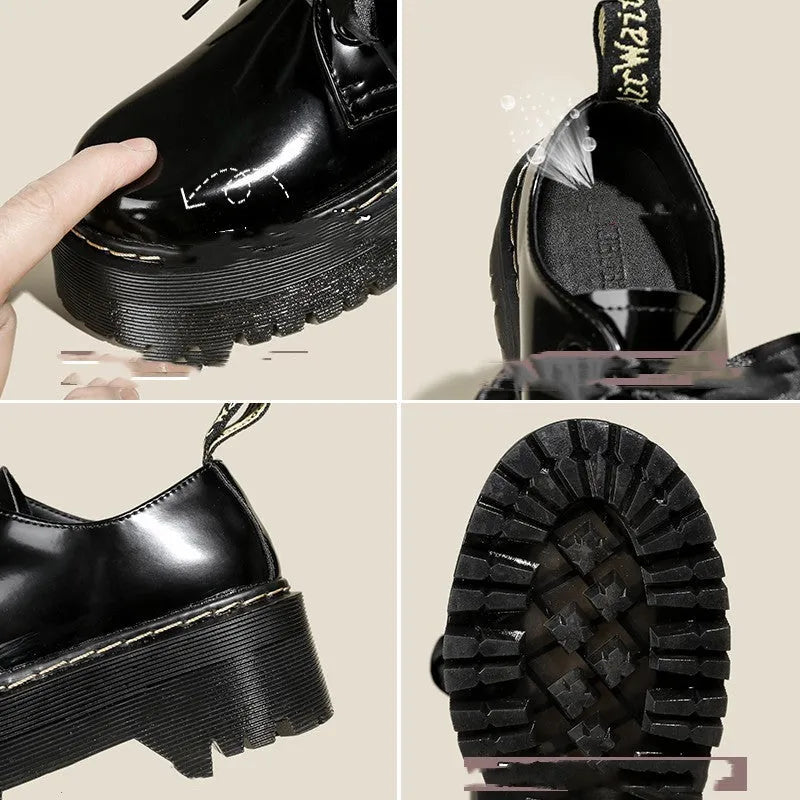 Women's black and white thick-soled leather shoes with cross-strap design and TPR tendon soles