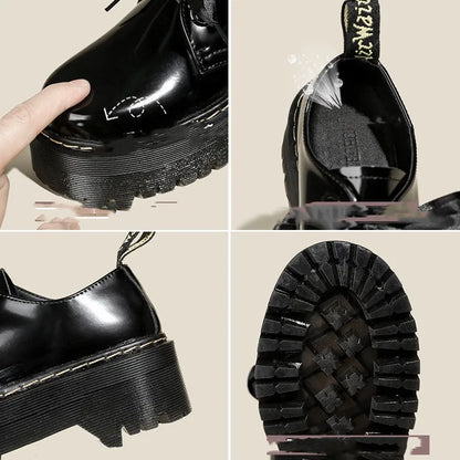 Women's black and white thick-soled leather shoes with cross-strap design and TPR tendon soles