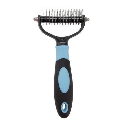 Dog grooming comb with plastic body and stainless steel teeth for knot opening and hair removal