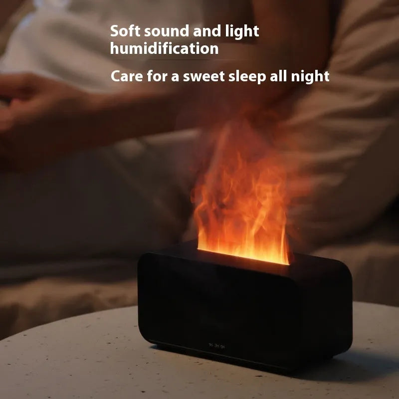 Black and white USB aromatherapy diffuser showing flame simulation and humidifier mist.